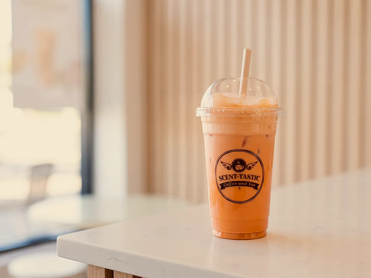 An iced milk tea in a Scent-tastic cup on their white stone counter